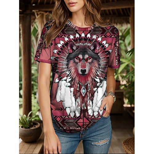 Damen Boho T-Shirt Grafik Tier Geometrisch Vintage Stylisch Klassisch Kurzarm Rundhals Reguläre Oberteile Täglicher Wochenenddruck Gelb Rot Blau Lila Grün Sommer Frühling Image