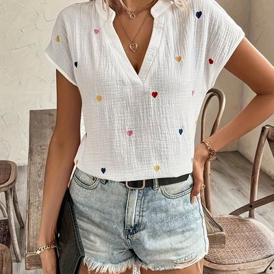 TEMU Women's Casual V-neck Short Sleeve Blouse With Heart Embroidery - Vibrant Pink Spring Summer Top, Machine Washable Non-see-through Shirt For Casual Attire, , Texture Image