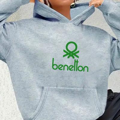 TEMU Benetlton Women's Casual Hooded Sweatshirt - Black With Green Logo Print, Drop Shoulder & Kangaroo Pocket, Machine Washable Long Sleeve Pullover For , Everyday , Cozy Fashion Image