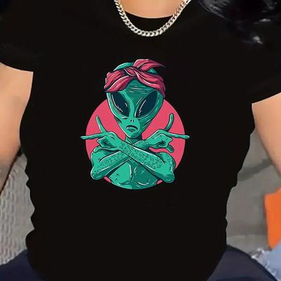 TEMU Women' Casual Sports Tee With Cartoon Graphic - Breathable Polyester , Machine Washable Image