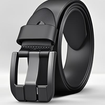 TEMU Men's Genuine Leather Belt With Alloy - Medium Width Adjustable Black Belt For Business Casual & Jeans, Durable Dress Belt, Modern Stylish Accessory Image