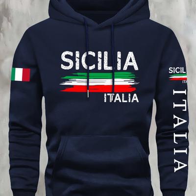 "TEMU Kourrter Men's Navy Blue Hoodie With "sicilia Italia" Graphic Print - Casual Long-sleeve Pullover With Pockets, Fall/winter Streetwear, Fall Winter Apparel | Graphic Hoodie | , Essential Hoodie" Image