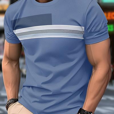 TEMU Men's Casual Striped T-shirt - Light Blue With , Round Neck, Short Sleeve, Machine Washable, Regular Fit, Urban Style, Urban Clothing | Round Neck Shirt | Breathable Fabric Image