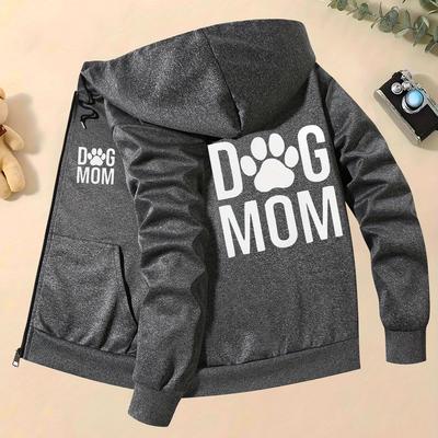 TEMU Dog Mom Print Hoodie Jacket For Men, Casual Fall/, Polyester Knit Fabric, Skinny Fit, Zipper Closure, Pocket Detail, No Lining, Stretch Image