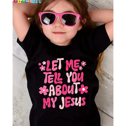 100% Baumwolle Kinder Mädchen Schwarz Buchstaben T-Shirt Rundhalsausschnitt Kurzarm Outdoor Urlaub Täglich Klassisch Lässig Druck Sommer Image