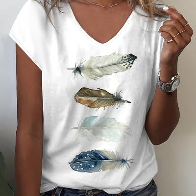 TEMU Women's Lightweight Breathable V-neck T-shirt With - Casual Short Sleeve Top For , Machine Washable, Motif Apparel | Nontransparent Fabric Image