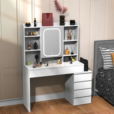 TEMU Modern White Vanity Table With 6 Spacious Drawers And Smart Led Mirror Light, Large 100×40×145cm Makeup Desk For Bedroom, Ideal For Daily Beauty Routine & Organized Storage Image