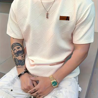 TEMU Men's Casual Beige 3d-cut Pattern Short Sleeve T-shirt - 100% Polyester, Lightweight Knit Fabric, Stretch, Regular Fit, Crew Neck, Top For Casual Attire, Leisure Clothing | Top | 3d-cut Desig Image