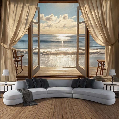 Fenstervorhänge Ozeanwellen Kokospalmen Landschaft Wandteppiche Dekorative Kunst Decken Vorhänge hängende Dekoration für Zuhause Schlafzimmer Wohnzimmer Image