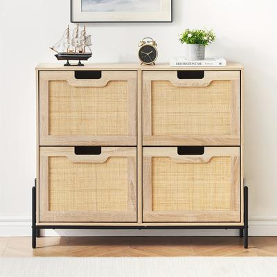 TEMU Rattan Shoe Storage Cabinet With 4 Flip Drawers, Freestanding Shoe Organizer With Adjustable Shelves For Entryway, Narrow Shoe Rack Cabinet, Farmhouse Slim Shoe Cabinet, Oak