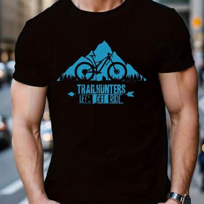TEMU Trailhunters Men's Graphic T-shirt - Casual Crew Neck Polyester Top With Mountain Bike Print, Stretch Regular Fabric Image