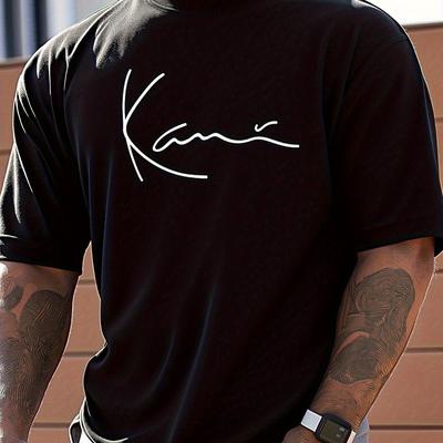 TEMU Kani Mens Signature Script Print T-shirt - 100% Cotton Loose Fit Breathable Summer Tee, Casual Short Sleeve Round Neck Top For Daily & Outdoor Wear, Comfortable Streetwear Minimalist Fabric Shirt Image
