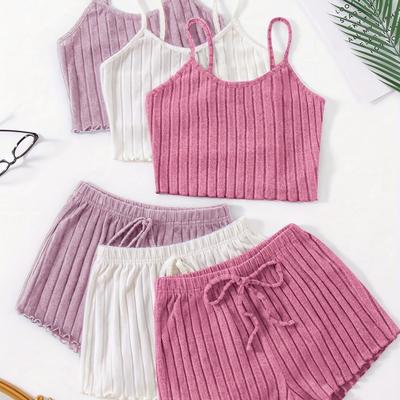 TEMU Three-piece Set Of Women's Pajamas For All , Featuring Solid Colors In Rose Red, White, And Purple. A Simple And Sexy Two-piece Set With A Camisole And Shorts. Image