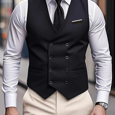 TEMU Men's Navy Blue Double-breasted Suit Vest - Slim Fit, Polyester, For Spring/fall, Versatile Waistcoat||polyester Fiber Vest Image