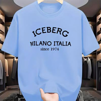 TEMU Men's Casual Crew Neck T-shirt - Iceberg Italia Graphic, White, Stretch Fabric, Summer Style, Adult Sizes Image