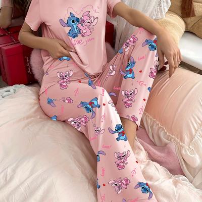 "TEMU 1 Set Stitch Print Women's Pink Short Sleeve Pajama Set With "love You" Design - Casual, Comfortable, Long Pants, Spring/fall, Relaxed Fit, Casual Wear| Print|, Stitch Costume" Image