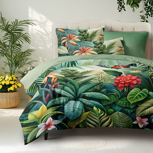 Tropische Pflanzen Blumen Bettbezug 100% Baumwolle Vollgröße Bettwäsche Set Bettsets Quiltbezug weicher leichter Komforterbezug mit 2 Kissenbezügen für jede Jahreszeit Image