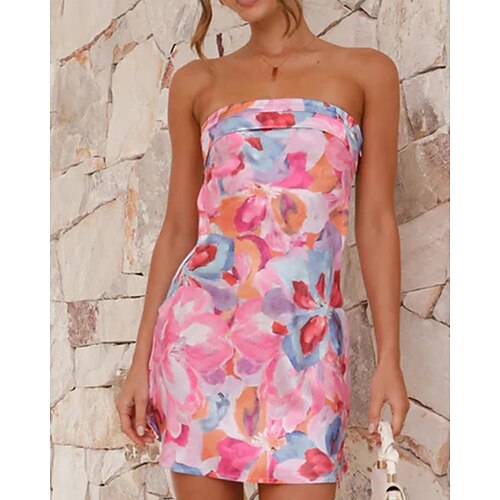 Damen Minikleid Blumenkleid Mode Klassisch Modern Urlaub Ferien Ausgehen Normale Passform Blume Ärmellos Trägerlos Blau Rosa Rote Purpur Sommer Image