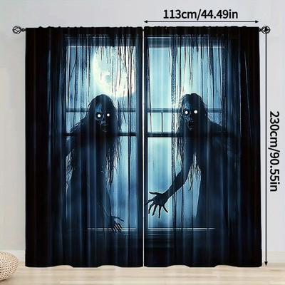 TEMU 2pcs, Universal Curtains For All , Terrifying And Monsters Pattern, 100% Polyester, For Kitchen, Coffee Shop, Living Room, Balcony & Garden Decor,(rod Free) Image