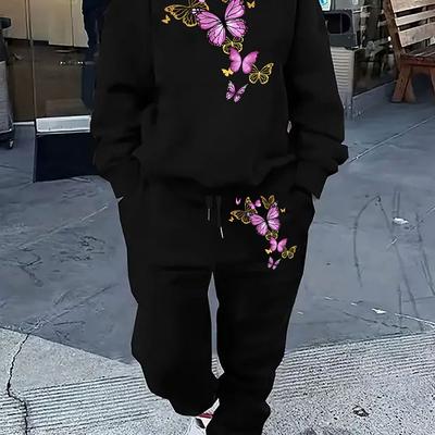 TEMU Women's Plus Size Cartoon Butterflies Print Sweatshirt And Pants Set, Casual Crew Neck Long Sleeve Knit Polyester 100%, Stretch, Autumn And Winter Sportswear Image