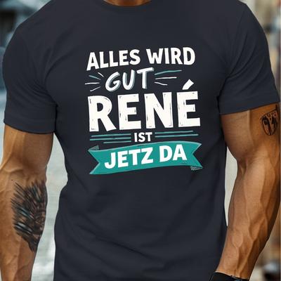TEMU Men's German Rene Print Crew Neck T-shirt - Black Geometric Pattern Casual Summer Tee, Lightweight Breathable Short Sleeve Top With Regular Fit, Machine Washable, Everyday Image