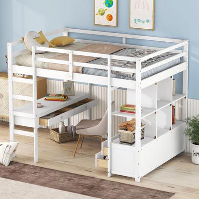 Kinderhochbett mit Stauraumschubladen und Unterbettschreibtisch, Weiß ,140 x 200cm Image