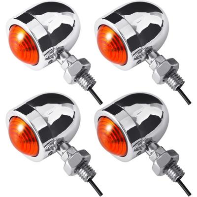 Silberne Moto Mini-Blinker vorne/hinten, Blinkerbirnen, bernsteinfarben/gelb, passend für Chopper