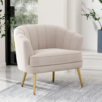 Velvet Accent Chair, Upholstered Modern Single Sofa Side Chair,Comfy Barrel Club Living Room Armchair with Golden Metal Legs fo