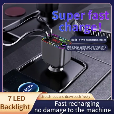 7-Colors Backlit Car MP3 Music Player Wireless Hands Free Call Car Fast Charger Retractable Cables