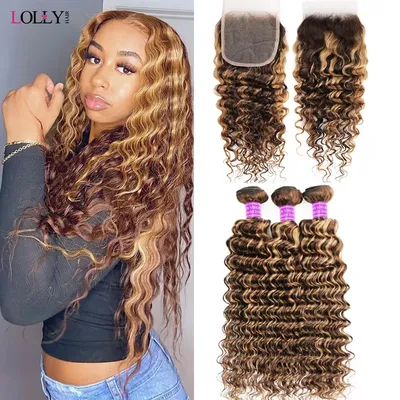 Lolly P4 27 Highlight Bundles With Closure 4x4 Inch Deep Wave Bundles With Closure 3/4 PCS Ombre