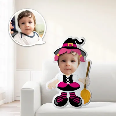 Fotokissen Gesichtskissen Personalisiertes Kissen Benutzerdefiniertes Kissen Minime Kissen Puppenmädchen mit Besen Halloween Image