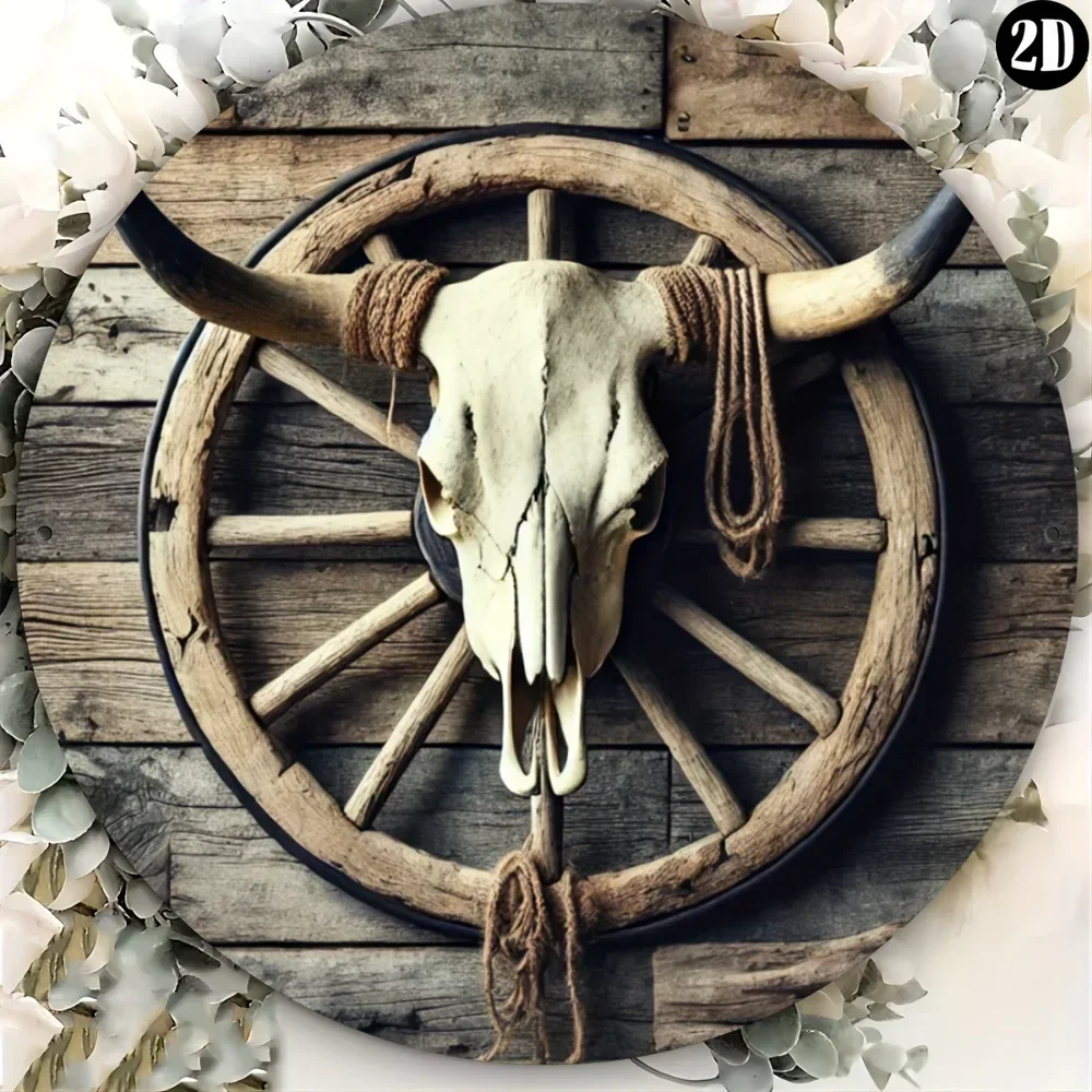 Weißblechkunst, Kuh-Schädelrad-Aluminiumschild, rustikale Wanddekoration für Häuser, Gärten, Cafés, ideales Geschenk für Feiertage und Freunde