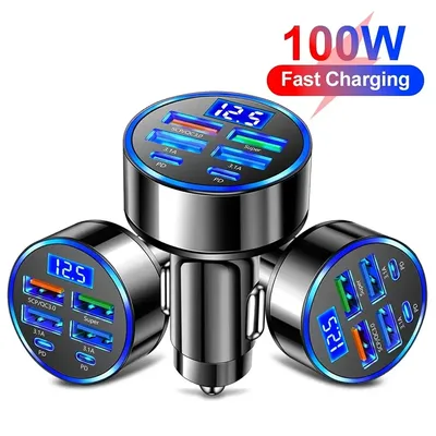 New 100W 6 Ports Car Charger Fast Charging PD QC3.0 USB C Car Phone Charger Type C Adapter in Car For iPhone Samsung Huawei