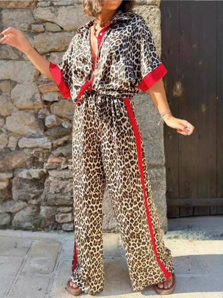 Pantaloni casual con stampa leopardata da donna estivi Set cardigan con bordo in colore a contrasto Top a maniche corte Pantaloni a gamba larga Set da due pezzi