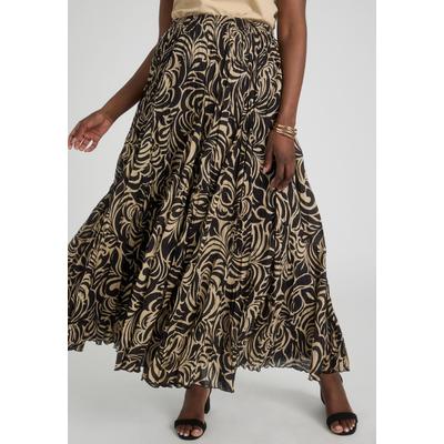 Plus Size Women's Flowing Crinkled Maxi Skirt by Jessica London in Khaki Black Scroll (Size 34) Elastic Waist 100% Cotton