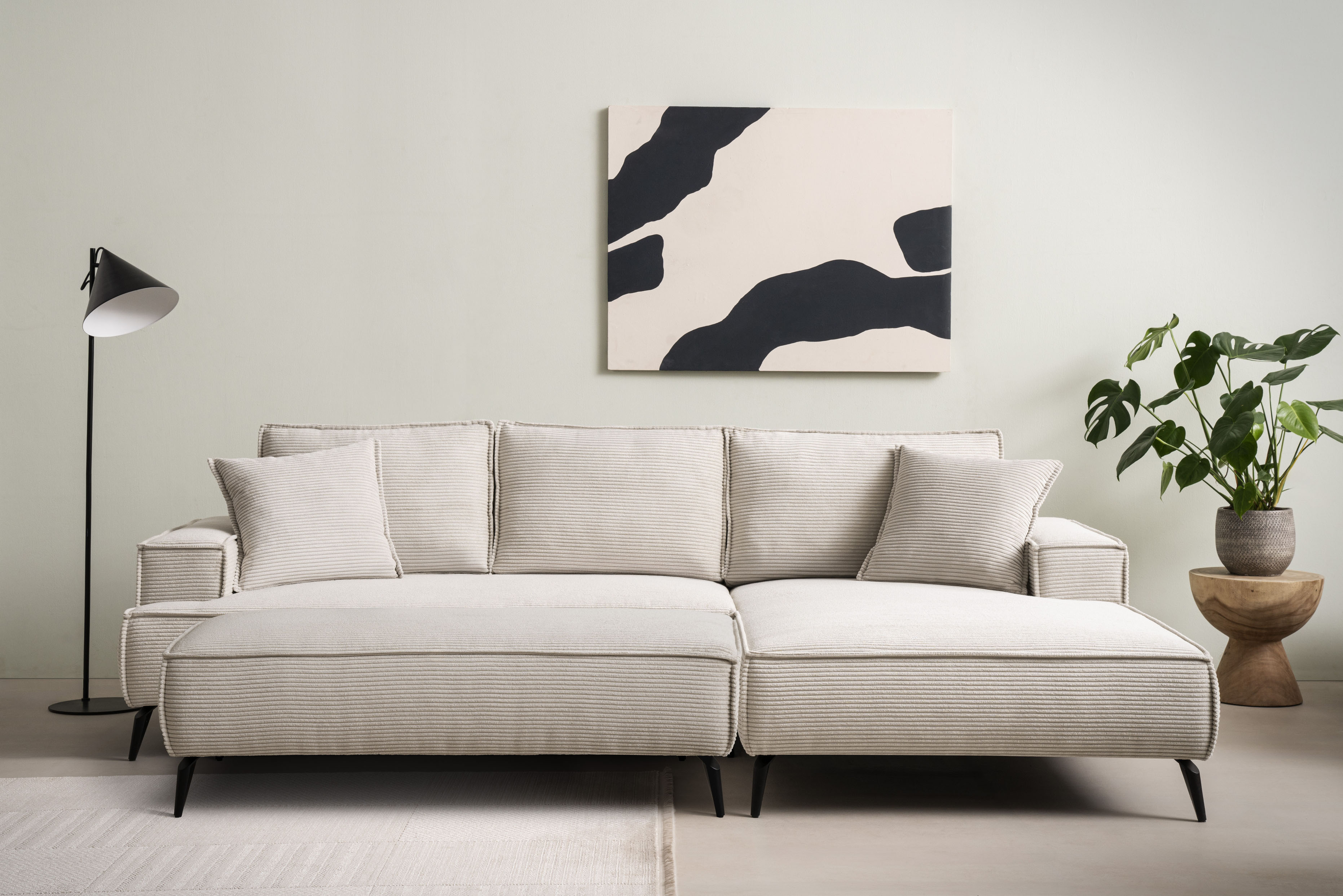 Sitzgruppe HOME AFFAIRE "TVINNU, Polsterecke L-Form, Schlaffunktion, mit Hocker", beige (hellbeige,), B:275cm H:83cm T:173cm, Sitzmöbel-Sets, Set, stellbar zum Schlafsofa (Krokodilverbinder)