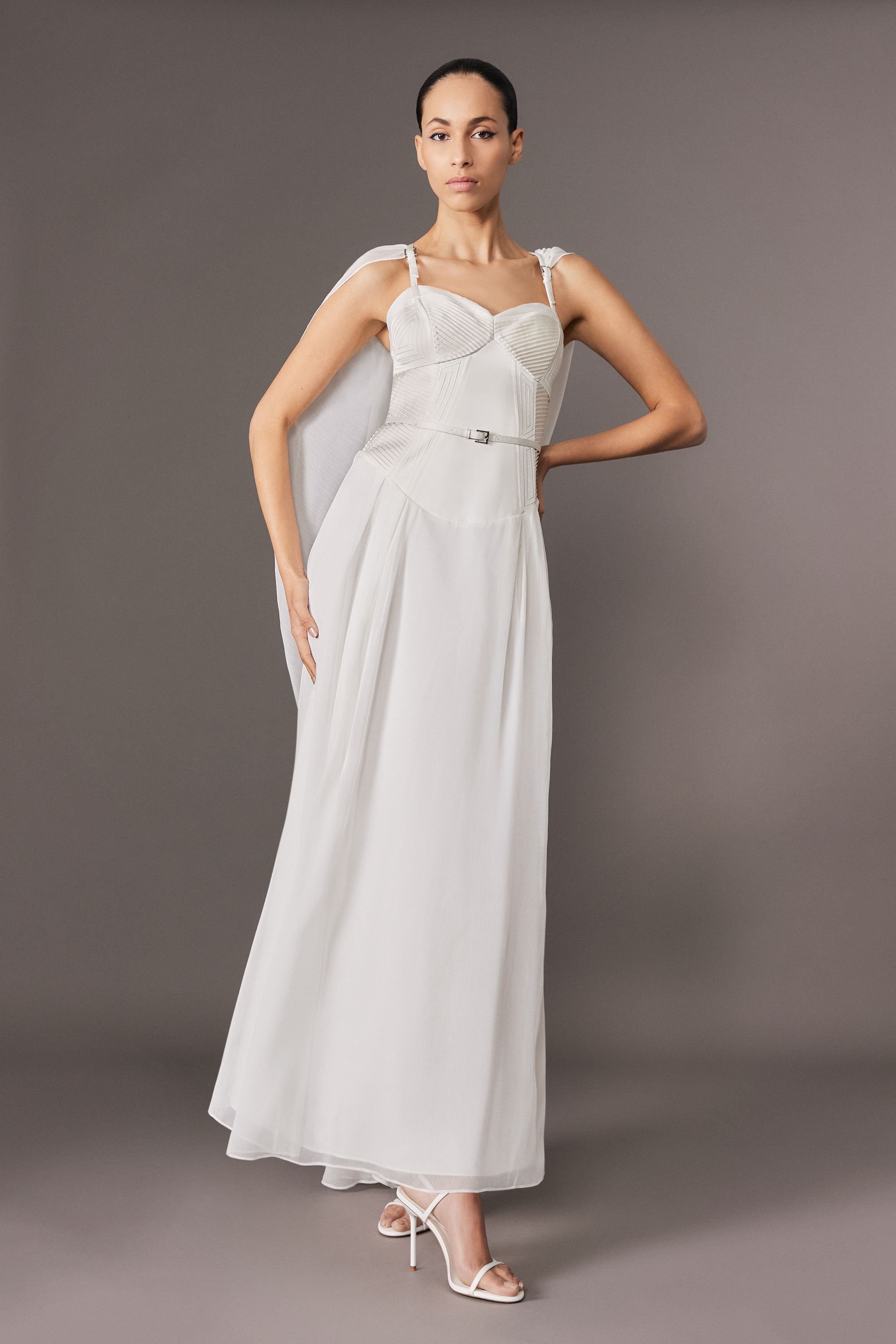 Karen Millen Womens Archive Collection - Petite Corset Detail Georgette Cape Woven Maxi Dress - White - Size 10 UK