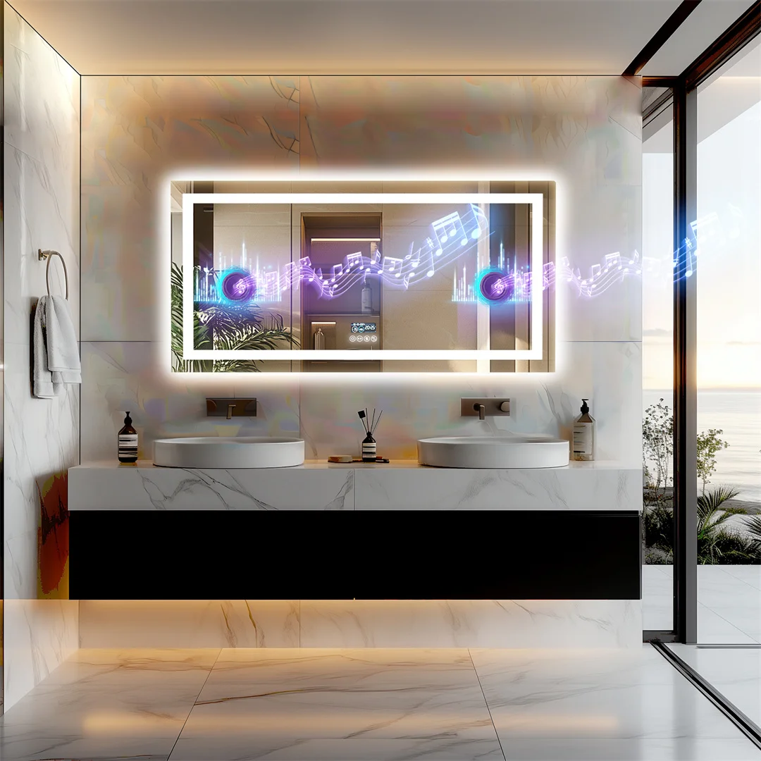 LUVODI Großer beleuchteter Bluetooth-Badezimmerspiegel, rechteckig, beschlagfrei, LED-Badezimmer-Kosmetikspiegel mit Bluetooth-Lautsprecher, 3-farbig