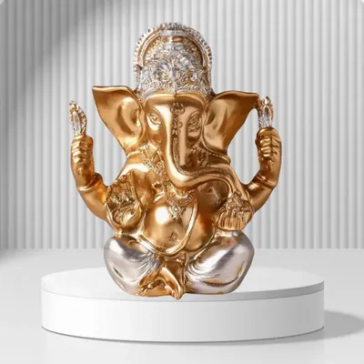 Golden Lotus Ganesha Resin Statue - Hindu Religious Decor Figurine for Home, Office & Spiritual Space