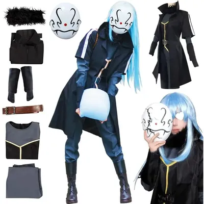 Anime Rimuru Cosplay Tempest Kostüm Coole Kleidung Schwarzer Mantel Futter Hose Blaue Perücke Image