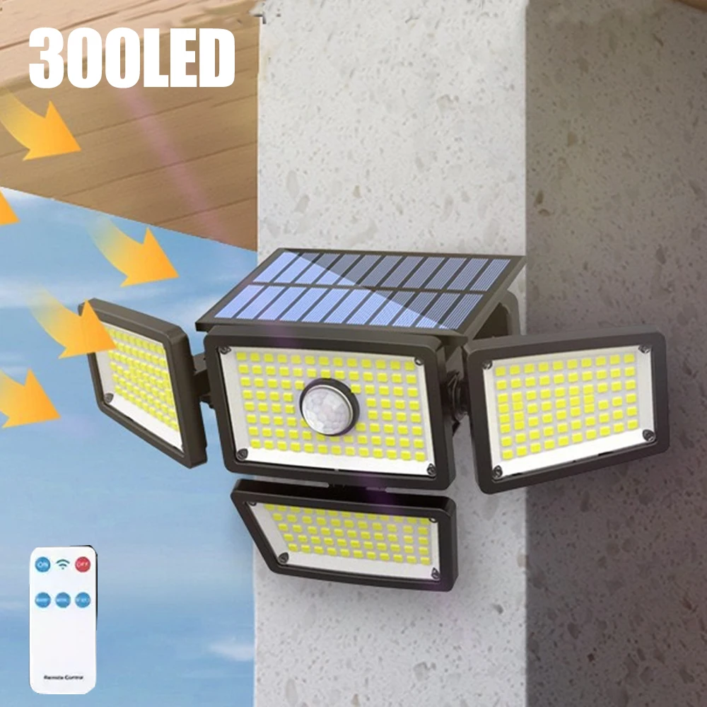Solarsensor-Bewegungslampe, Außenleuchten, 4 Köpfe, 283/346 LED 270 ° Weitwinkel-Sicherheitsflutlicht für Garten, Terrasse, Solar-Wandleuchte Image