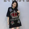 # 0281 Langes T-Shirt Damen Harajuku Diamanten Schwarz Weiß Rosa Kurzarm T-Shirt Lose Street Hip Hop
