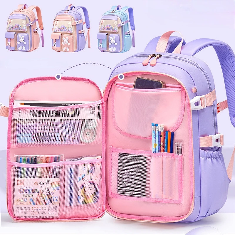 Sac à dos d'école primaire 1-5 Grade, joli sac d'école coloré pour filles, étanche, grande capacité, lapin de dessin animé Mochila Escolar