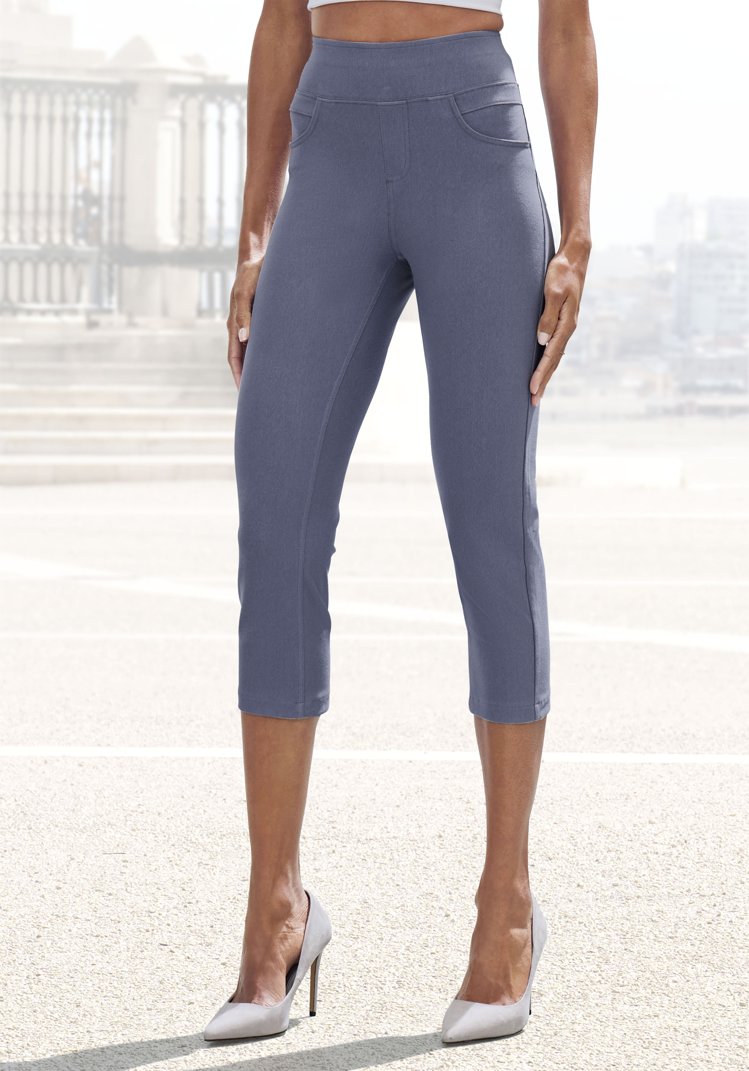 Caprihose H.I.S, Damen, Gr. 44/46, N-Gr, blau (jeans blau), Obermaterial: 70% Baumwolle, 25% Polyester, 5% Elasthan, unifarben, Basic, Hosen Caprihose, im Schlupfhosen Style