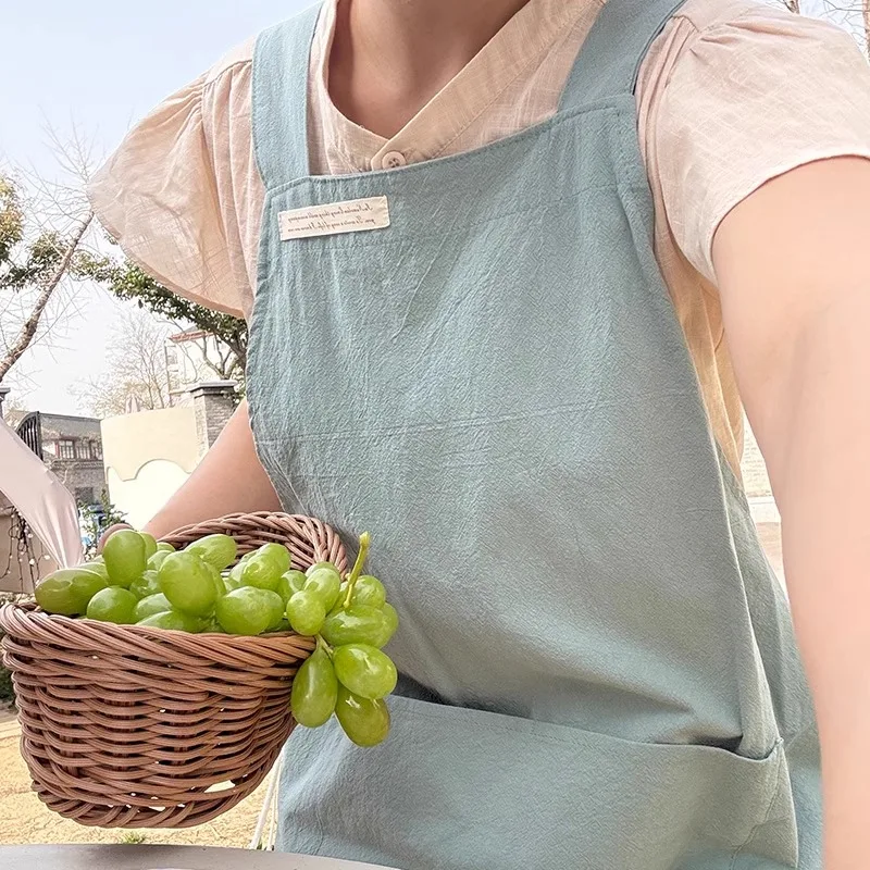 Japanische koreanische Baumwoll-Gartenküchenschürze mit Taschen für Frauen, schmutzabweisende Schürze mit Kreuzrücken zum Kochen, Reinigen, Schürze Image