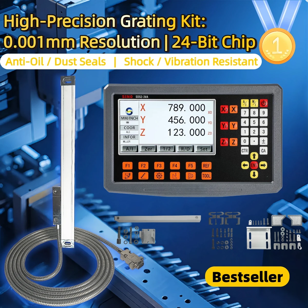 Hochpräzises 3-Achsen-LCD-DRO-Set mit digitaler Anzeige und 3 Stück 0–1000 mm, 5 μm, 1 μm, lineare Skala, Encoder, Sensor, Gitterlineal Image