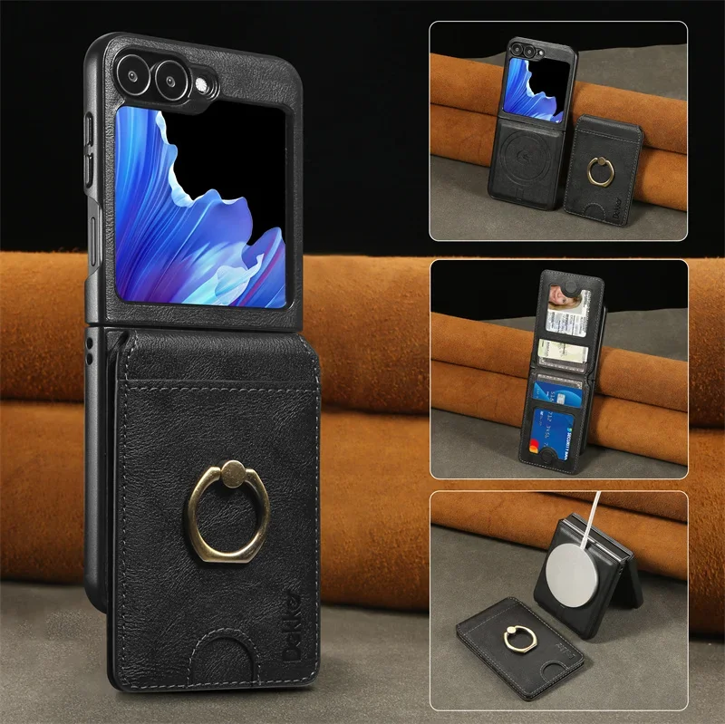 MagSafe magnetische abnehmbare 2-in-1-Flip-Leder-Handyhülle für Samsung Galaxy Z Flip 6, 5, 4, 3, Brieftasche, Karte, Rückseite, coque Etui Image