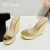 Hlieny Street Style Gold Plattform Keile Hausschuhe Sommer PVC transparente Peep Toe Schuhe Frau