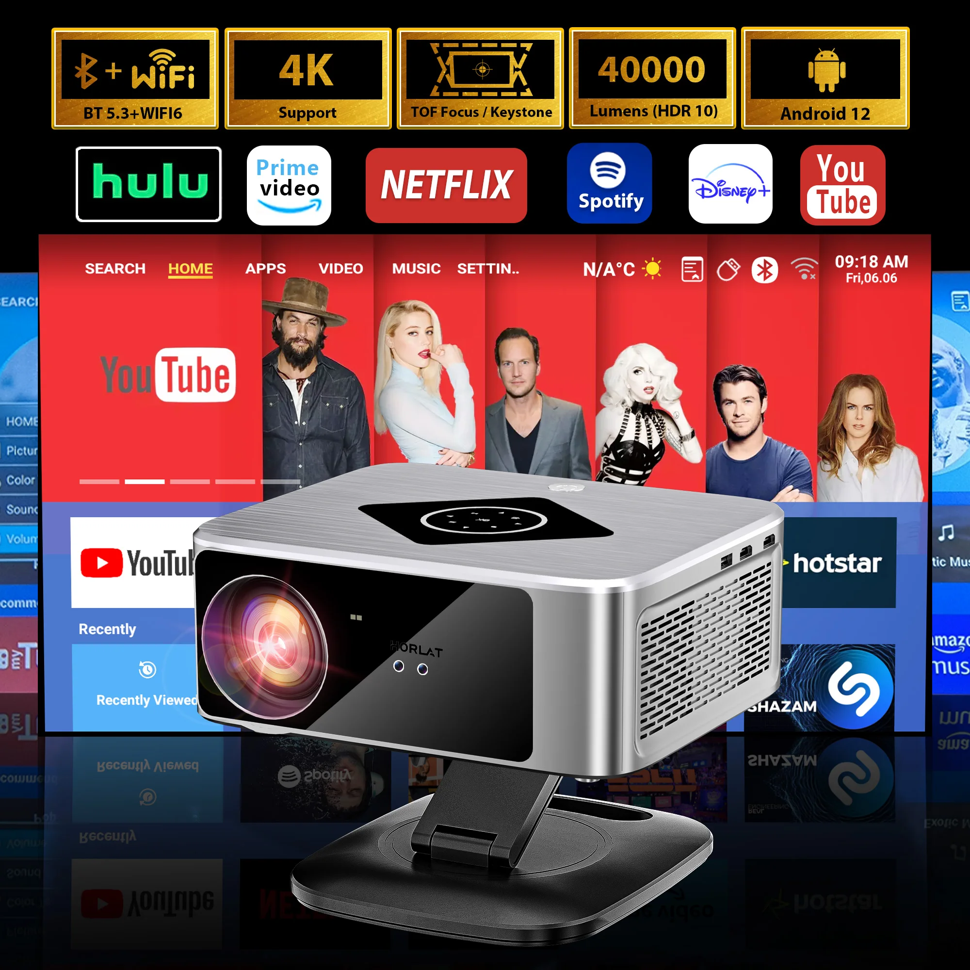 HORLAT Projektor 40000 Lumen Android TV Full HD 1080P Beamer 4K-Unterstützung WiFi 6 Heimkino 3D-Projektor Outdoor-Projektor HDR10 Image