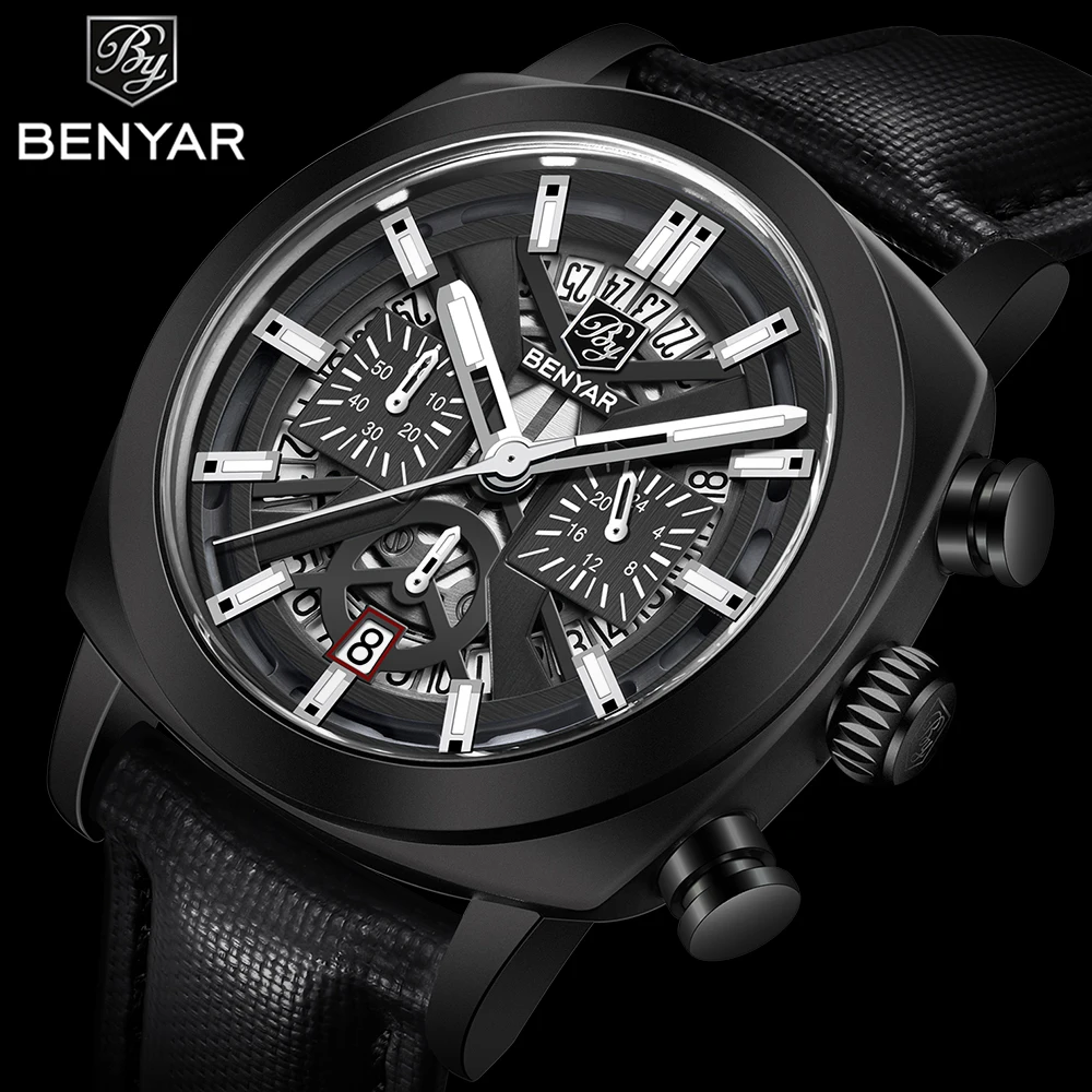 Benyar Design 2025 Herren-Quarzuhr, 43 mm, leuchtendes Zifferblatt, 50 m wasserdicht, entspiegelt, Chronograph, modischer Zeitmesser Image